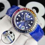 Rolex Submariner Blue Dial Blue Leather Strap Rolex Rainbow Bezel Replica Watches
